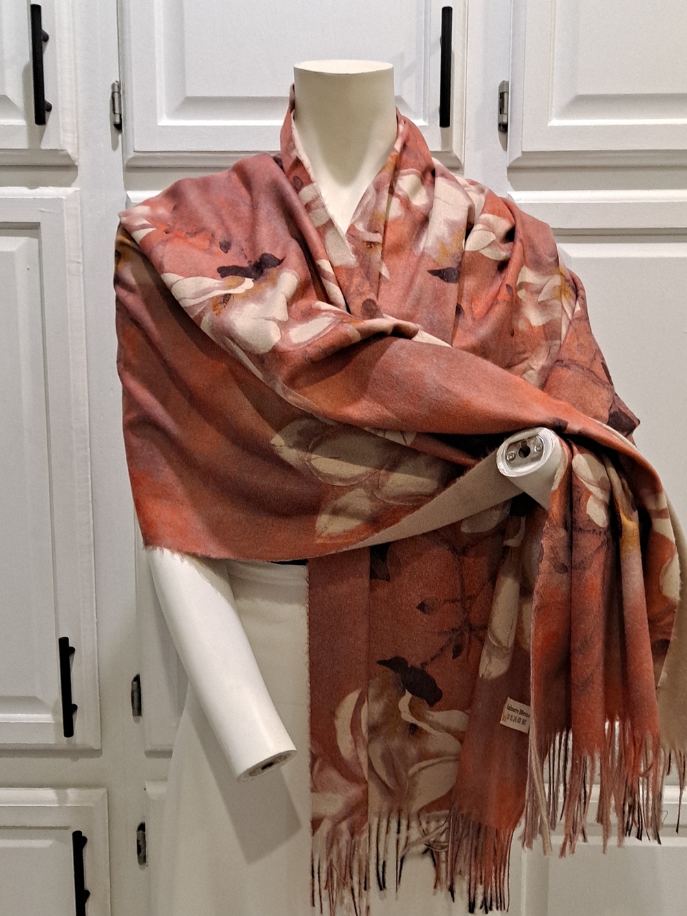 Cashmere Blend Floral Rust Cream Tan Wrap Shawl Scarf Fringe Floral Butterflies